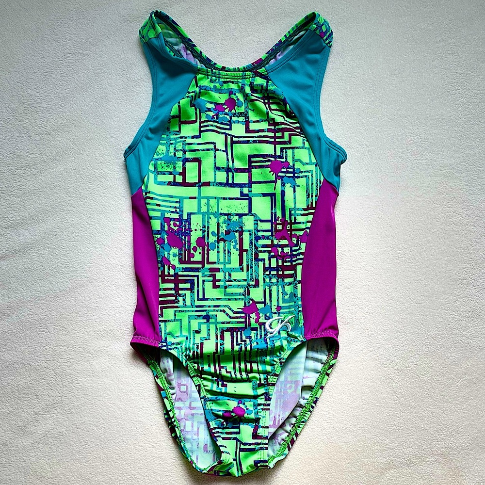 Green, purple, and blue GK gymnastics leotard